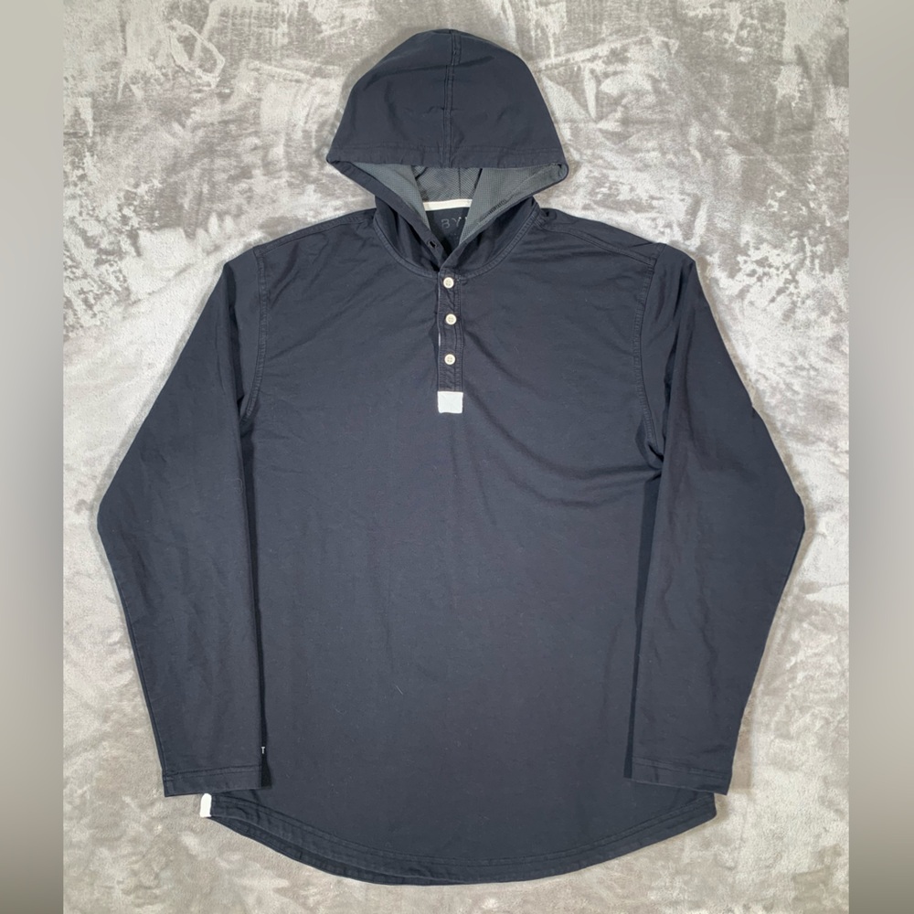 BYLT Pullover‎ Hoodie Men’s Lg Black Henley Shirt Drop Cut Lux No Drawstring